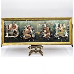 Vintage Foil Art Print BATH Cherubs Gold Frame Romantic Victorian Decor 17 Inch